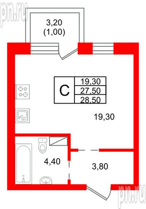 Квартира в ЖК «Шотландия», студия, 27.5 м², 3 этаж