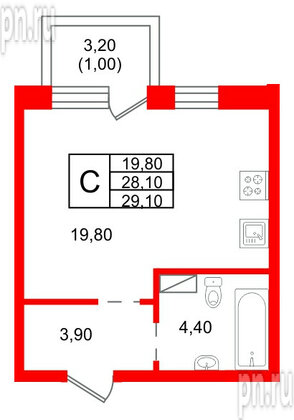 Квартира в ЖК «Шотландия», студия, 28.1 м², 3 этаж