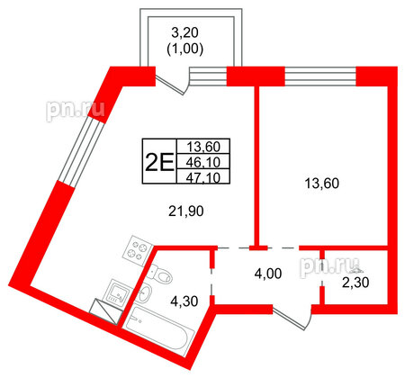 Квартира в ЖК «Шотландия», 1 комнатная, 46.1 м², 2 этаж