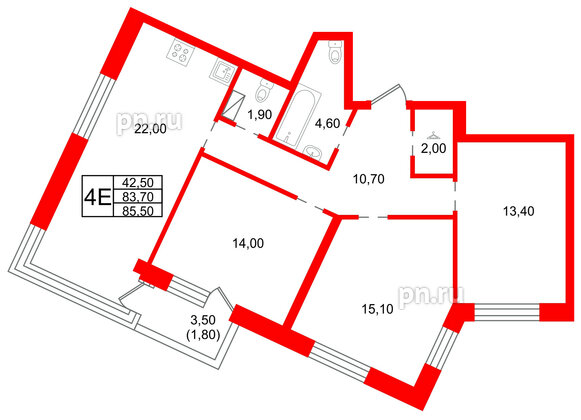 Квартира в ЖК «Шотландия», 3 комнатная, 83.7 м², 3 этаж