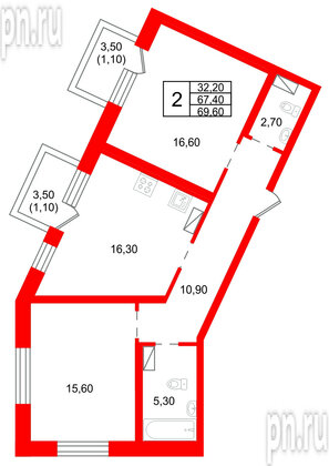 Квартира в ЖК «Шотландия», 2 комнатная, 67.4 м², 2 этаж
