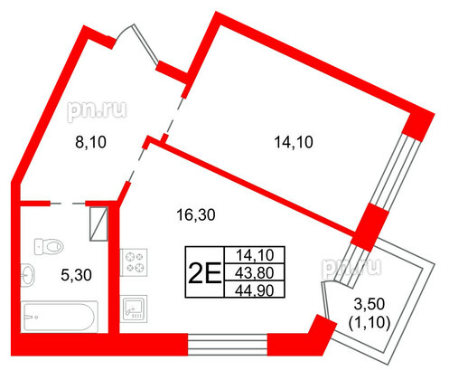 Квартира в ЖК «Шотландия», 1 комнатная, 43.8 м², 3 этаж