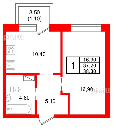 Квартира в ЖК «Шотландия», 1 комнатная, 37.2 м², 2 этаж