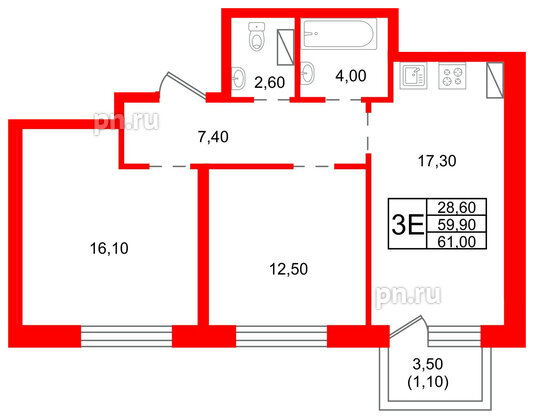 Квартира в ЖК «Шотландия», 2 комнатная, 59.9 м², 2 этаж