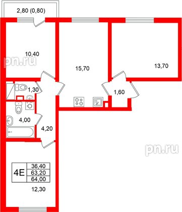 Квартира в ЖК «Ручьи–2», 3 комнатная, 64 м², 18 этаж