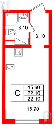 Квартира в ЖК «Ручьи–2», студия, 22.1 м², 2 этаж