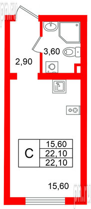 Квартира в ЖК «Ручьи–2», студия, 22.1 м², 1 этаж