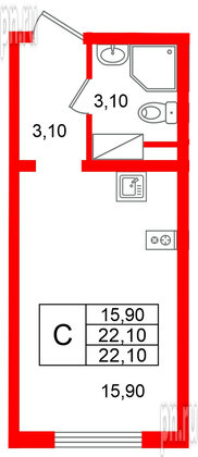 Квартира в ЖК «Ручьи–2», студия, 22.1 м², 2 этаж