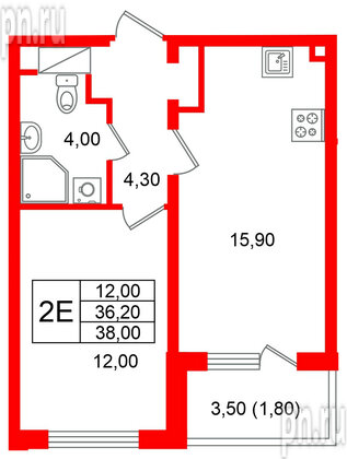 Квартира в ЖК «Ручьи–2», 1 комнатная, 38 м², 15 этаж