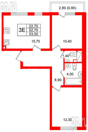 Квартира в ЖК «Ручьи–2», 2 комнатная, 53.5 м², 15 этаж