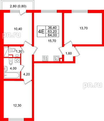 Квартира в ЖК «Ручьи–2», 3 комнатная, 64 м², 8 этаж