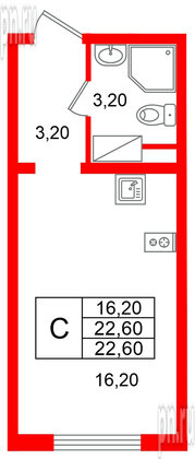 Квартира в ЖК «Ручьи–2», студия, 22.6 м², 9 этаж