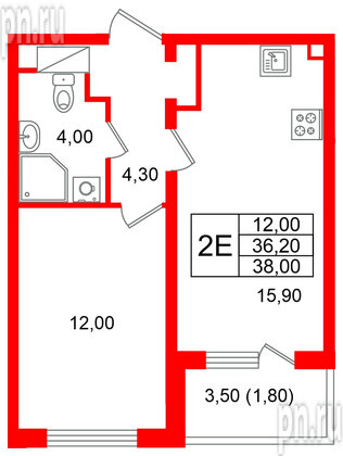 Квартира в ЖК «Ручьи–2», 1 комнатная, 38 м², 4 этаж