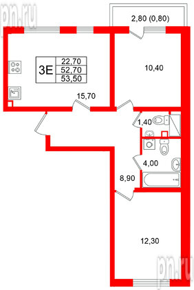 Квартира в ЖК «Ручьи–2», 2 комнатная, 53.5 м², 10 этаж