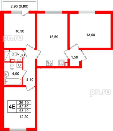 Квартира в ЖК «Ручьи–2», 3 комнатная, 63.4 м², 3 этаж