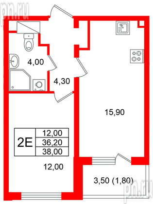 Квартира в ЖК «Ручьи–2», 1 комнатная, 38 м², 15 этаж