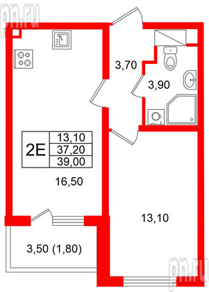 Квартира в ЖК «Ручьи–2», 1 комнатная, 39 м², 11 этаж