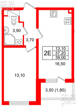 Квартира в ЖК «Ручьи–2», 1 комнатная, 39 м², 7 этаж