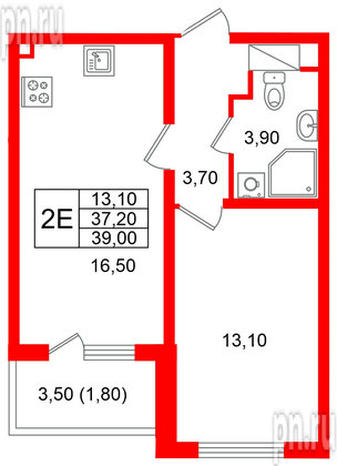 Квартира в ЖК «Ручьи–2», 1 комнатная, 39 м², 9 этаж