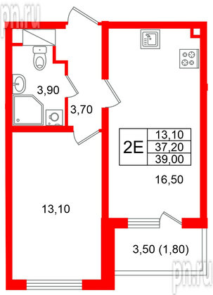 Квартира в ЖК «Ручьи–2», 1 комнатная, 39 м², 14 этаж