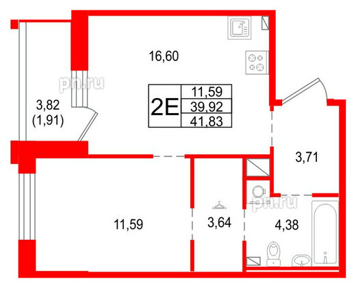Квартира в ЖК Сезоны, 1 комнатная, 41.83 м², 6 этаж