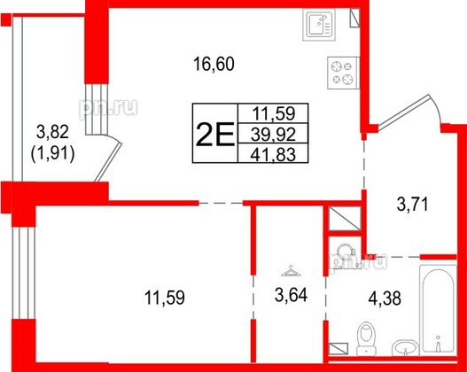 Квартира в ЖК «Сезоны», 1 комнатная, 41.83 м², 13 этаж