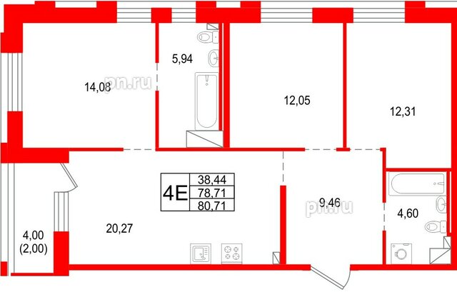 Квартира в ЖК «Сезоны», 3 комнатная, 80.71 м², 17 этаж