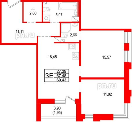 Квартира в ЖК «Сезоны», 2 комнатная, 69.43 м², 2 этаж