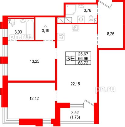 Квартира в ЖК «Сезоны», 2 комнатная, 68.72 м², 10 этаж