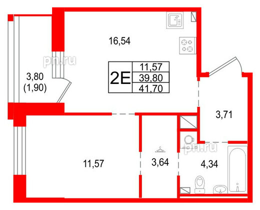 Квартира в ЖК «Сезоны», 1 комнатная, 41.7 м², 2 этаж