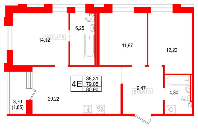 Квартира в ЖК «Сезоны», 3 комнатная, 80.9 м², 1 этаж