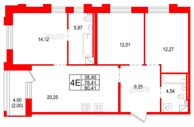 Квартира в ЖК «Сезоны», 3 комнатная, 80.41 м², 2 этаж