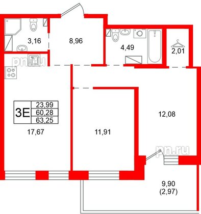 Квартира в ЖК «Сезоны», 2 комнатная, 63.25 м², 7 этаж