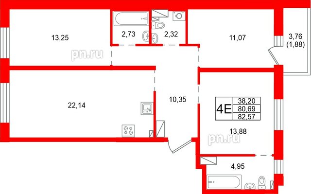Квартира в ЖК «Сезоны», 3 комнатная, 82.57 м², 2 этаж