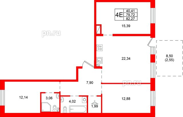 Квартира в ЖК «Сезоны», 3 комнатная, 82.27 м², 1 этаж