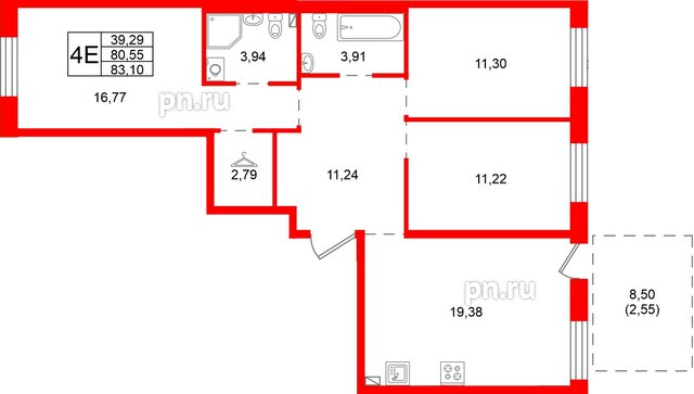Квартира в ЖК «Сезоны», 3 комнатная, 83.1 м², 1 этаж