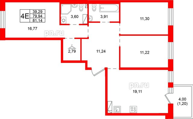 Квартира в ЖК «Сезоны», 3 комнатная, 81.14 м², 2 этаж