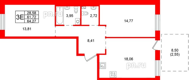 Квартира в ЖК «Сезоны», 2 комнатная, 64.27 м², 1 этаж