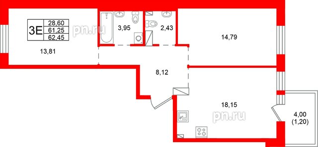 Квартира в ЖК «Сезоны», 2 комнатная, 62.45 м², 2 этаж