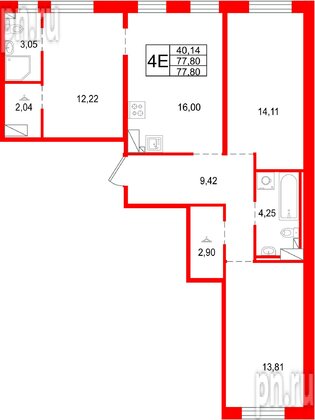 Квартира в ЖК «Сезоны», 3 комнатная, 77.8 м², 2 этаж