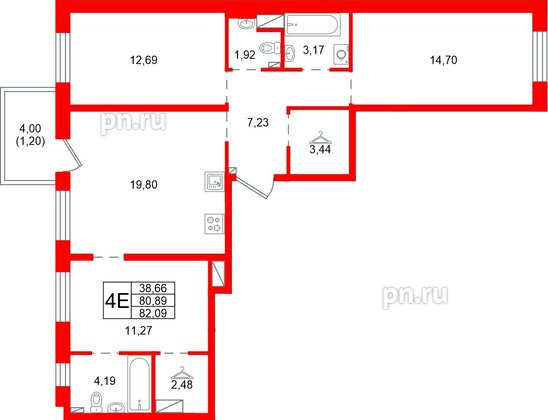 Квартира в ЖК «Сезоны», 3 комнатная, 82.09 м², 2 этаж