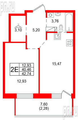Квартира в ЖК «Сезоны», 1 комнатная, 42.74 м², 2 этаж