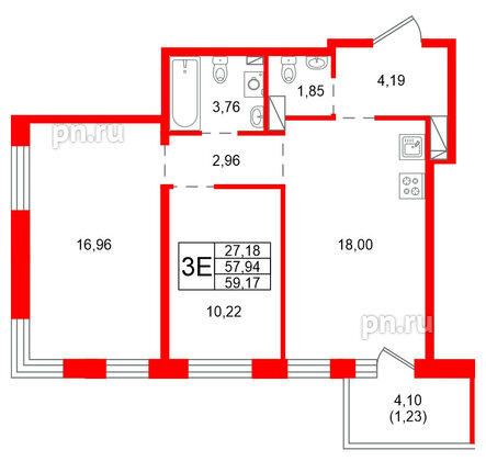 Квартира в ЖК «Сезоны», 2 комнатная, 59.17 м², 2 этаж