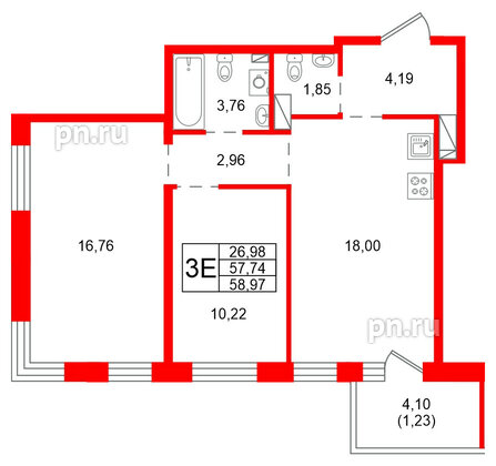 Квартира в ЖК «Сезоны», 2 комнатная, 58.97 м², 5 этаж