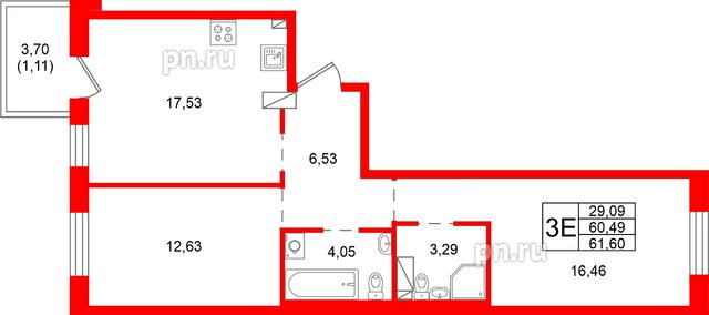 Квартира в ЖК «Сезоны», 2 комнатная, 61.6 м², 2 этаж