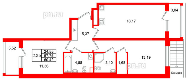 Квартира в ЖК Универ Сити, 2 комнатная, 57.75 м², 1 этаж