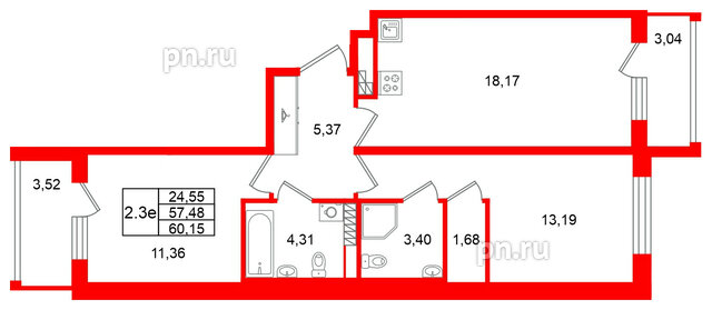Квартира в ЖК Универ Сити, 2 комнатная, 57.48 м², 4 этаж