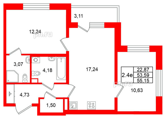 Квартира в ЖК Универ Сити, 2 комнатная, 53.59 м², 1 этаж