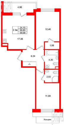 Квартира в ЖК Универ Сити, 2 комнатная, 56.65 м², 2 этаж