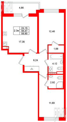 Квартира в ЖК Универ Сити, 2 комнатная, 56.47 м², 4 этаж